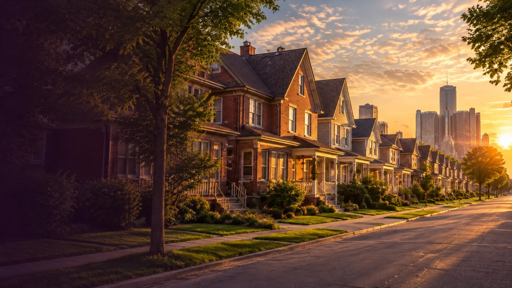 Renovated homes along a tree-lined Detroit neighborhood street at sunset